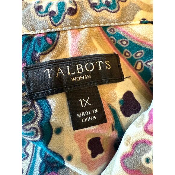 Talbots 1X Watercolor LS Tab Sleeve Paisley Button Up Blouse Shirt Top Plus - Picture 2 of 7